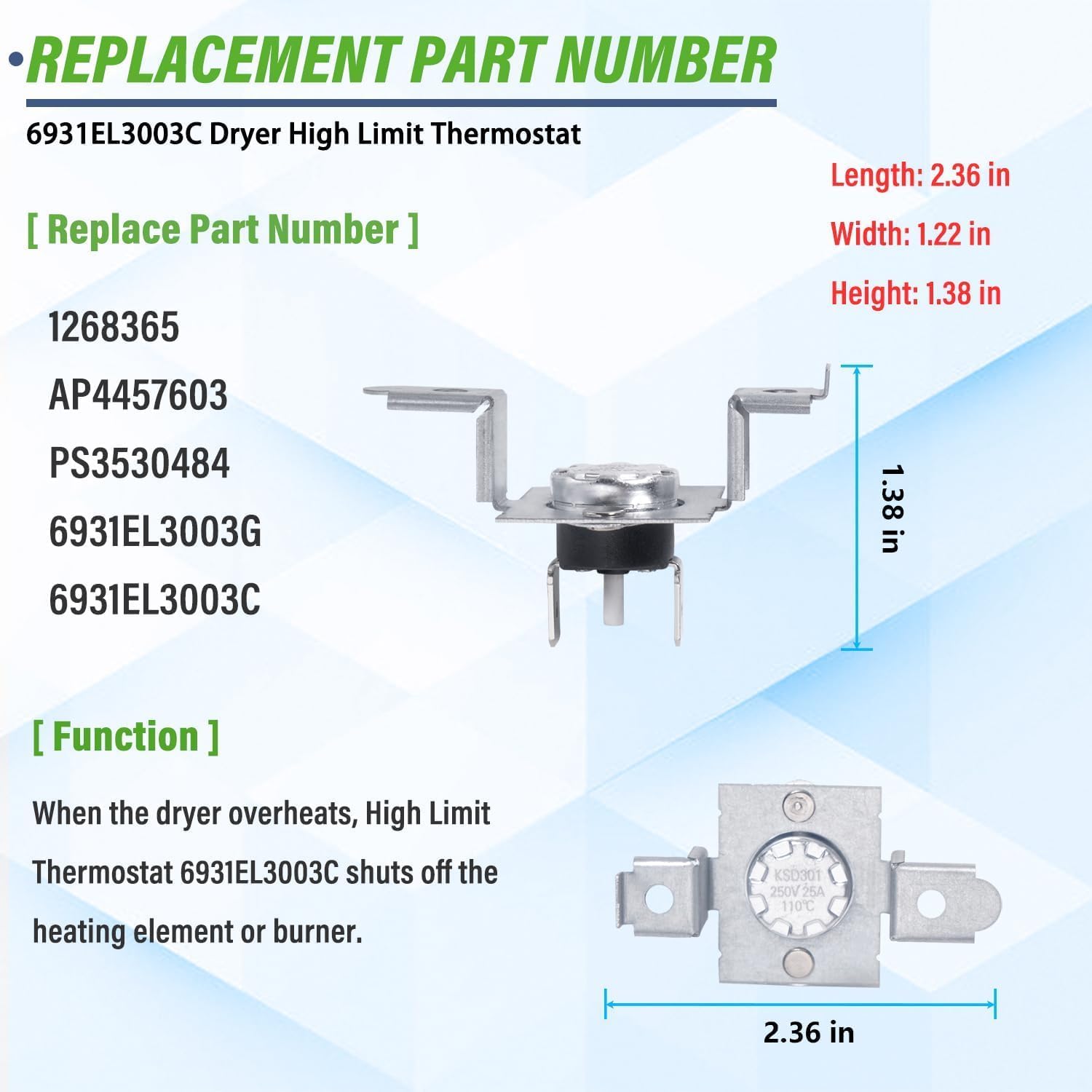 AGM30045804 - 6323EL2001B Dryer Thermistor 6931EL3003C Dryer High Limit Thermostat 6931EL3004B Dryer Thermostat